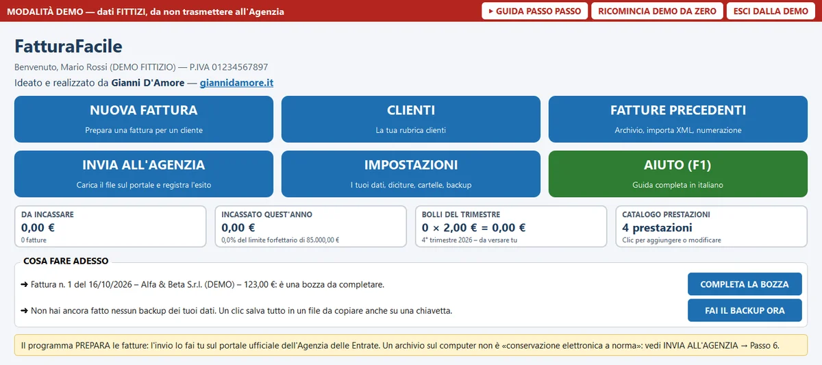 Menu principale di FatturaFacile: pulsanti Nuova fattura, Clienti, Fatture precedenti, Invia all'Agenzia, Impostazioni e Aiuto, con il riquadro Cosa fare adesso