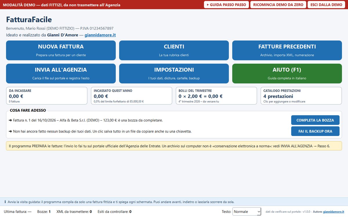 Schermata principale del programma FatturaFacile in modalità demo